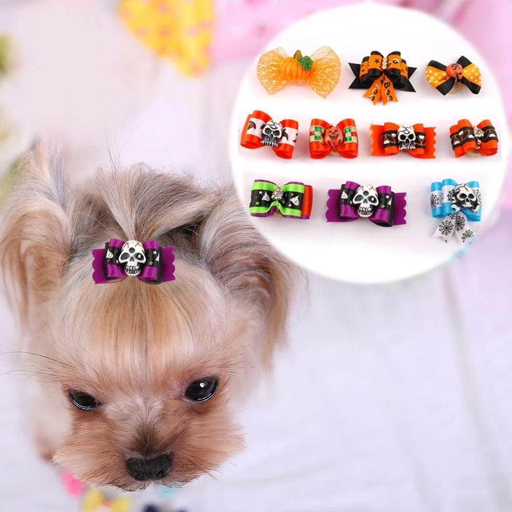 Colorful pet Halloween hair bows in a variety of spooky designs