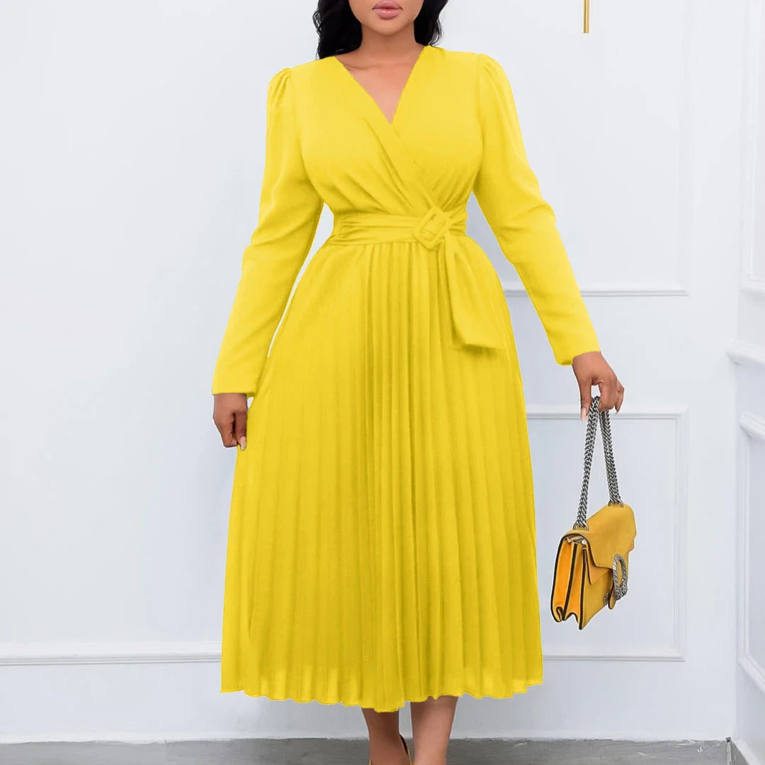 Luxurious long sleeve pleated Africa dress with lace-up neckline, available in multiple colors and sizes