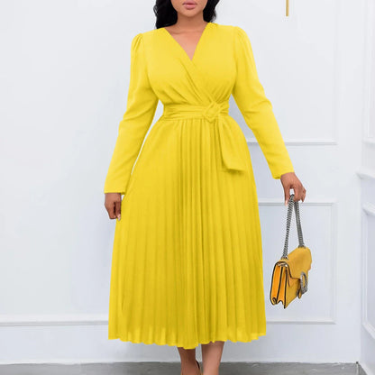 Luxurious long sleeve pleated Africa dress with lace-up neckline, available in multiple colors and sizes