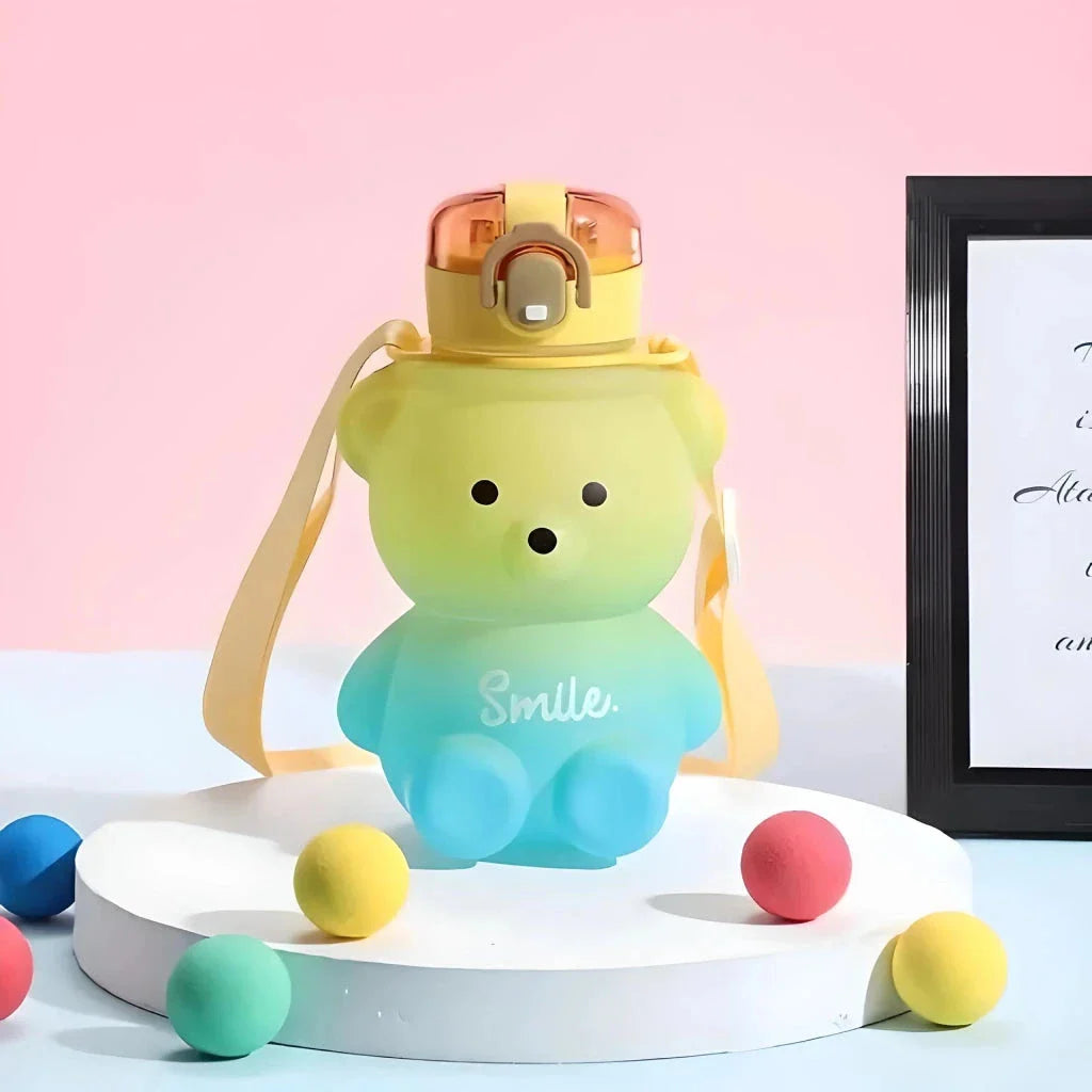 Gradient bear-themed water bottle with straw for refreshing and stylish hydration on the go