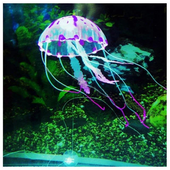 Glowing artificial jellyfish decoration with pulsing silicone tentacles and a fluorescent powder glow, ideal for aquariums and water features