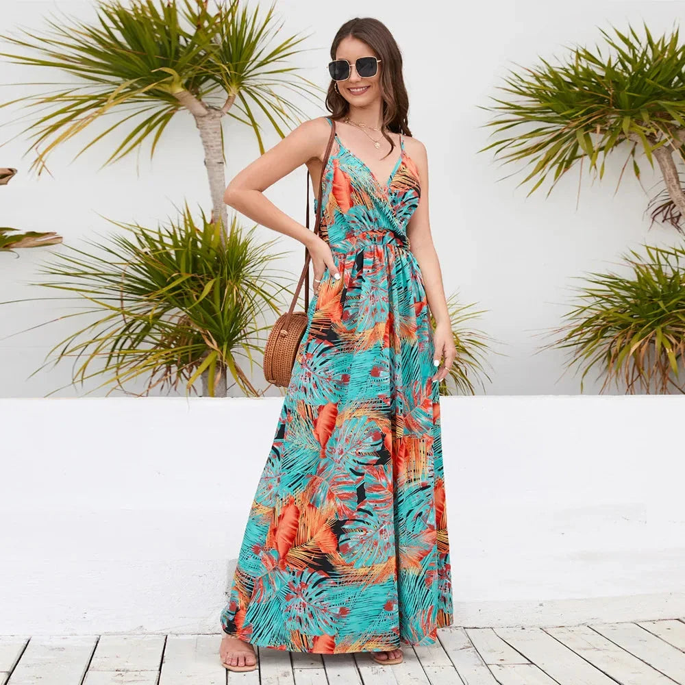 Elegant Bohemian Paisley Print Maxi Dress with spaghetti straps and V-neck, perfect for casual or formal events.