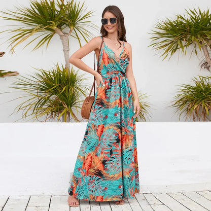 Elegant Bohemian Paisley Print Maxi Dress with spaghetti straps and V-neck, perfect for casual or formal events.