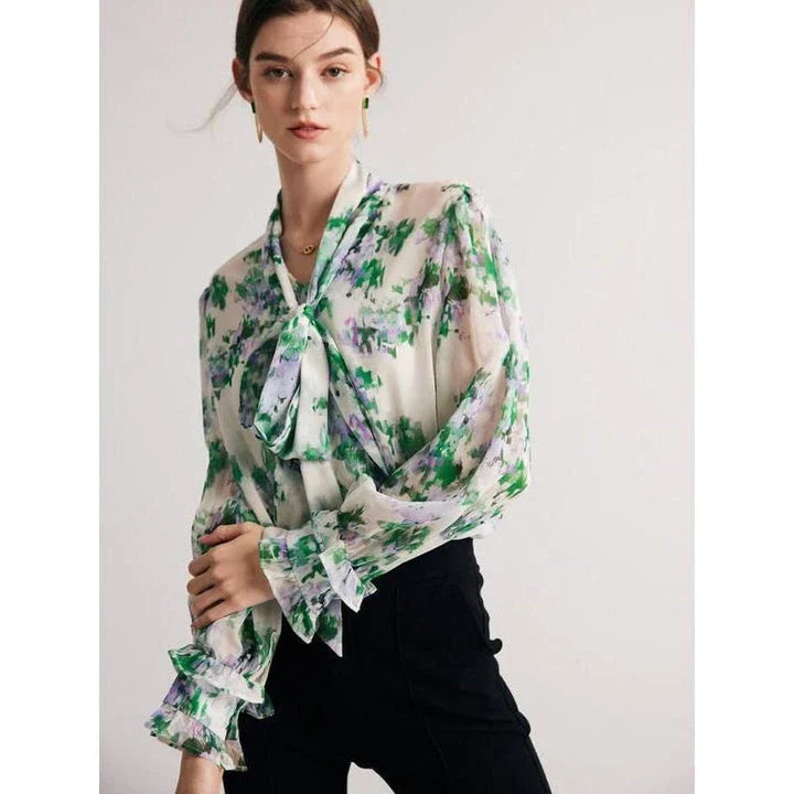 Elegant floral silk-blend bow collar blouse for professional women with a comfortable and flattering fit