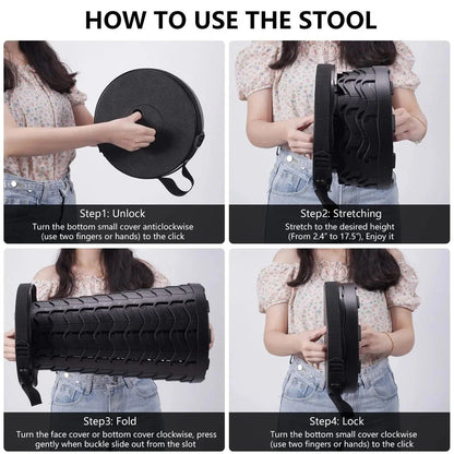 Adjustable height portable telescopic stool made of durable plastic for outdoor activities like hiking, fishing, and picnicking