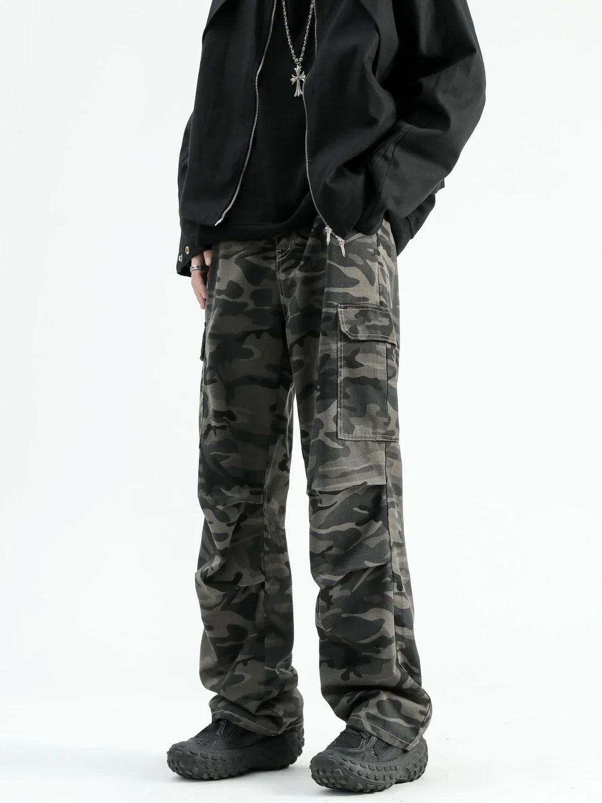 Stylish paratrooper denim trousers with a mid-waist silhouette and straight leg cut, featuring a camouflage pattern and premium cotton construction for rugged, versatile wear.