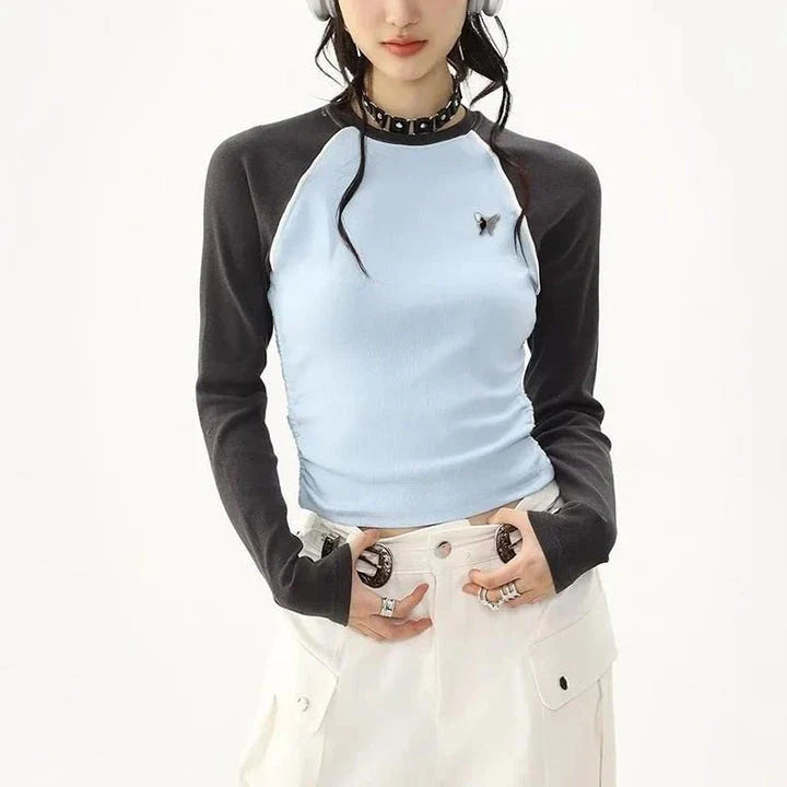 Hhomeenjoy Chic Retro Patchwork Ribbed T-Shirt for Women