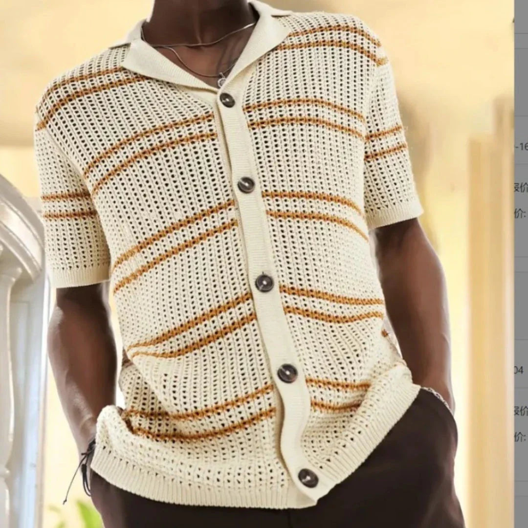 A classic men's knit cardigan with a stylish short-sleeve design, perfect for casual summer wear