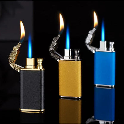 Multipurpose windproof lighter with a dragon or dolphin design, featuring a dual-flame and wind-resistant construction for versatile use.