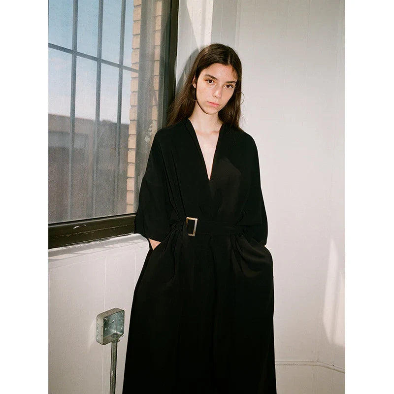 Elegant lace-accented mid-length dress in black, featuring a premium rabbit fur fabric and adjustable waist belt for a flattering silhouette.