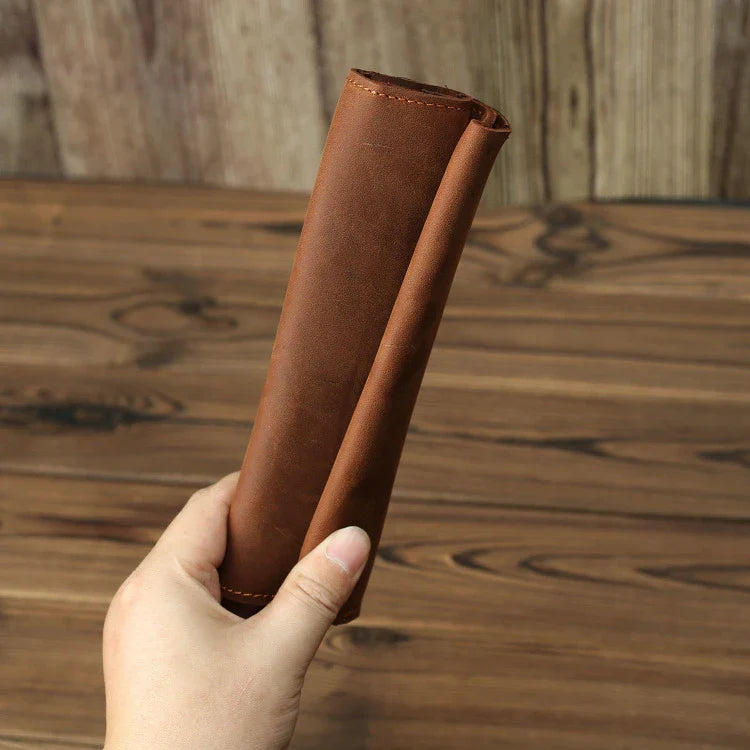 Trendha Men's Retro Handmade Long Wallet made of premium cow leather with sleek vertical design and practical internal organization