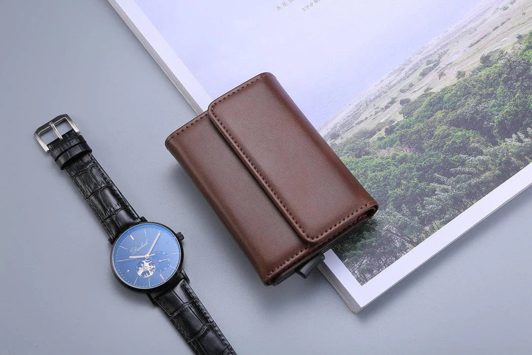Stylish men's tri-fold wallet made of premium PU leather with magnetic buckle closure and multiple compartments for organization
