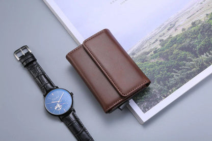 Stylish men's tri-fold wallet made of premium PU leather with magnetic buckle closure and multiple compartments for organization