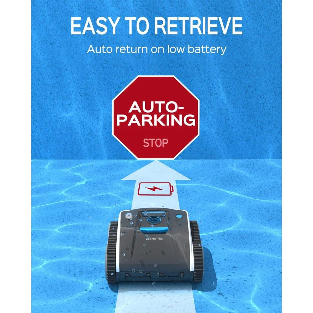 Cordless robotic pool vacuum cleaner with powerful suction, specialized brushes, and intelligent navigation for effortless in-ground pool cleaning