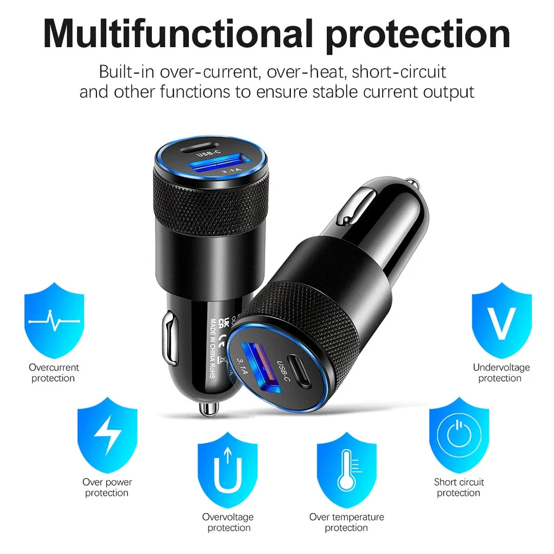 68W Dual USB-C Car Charger with lightning-fast charging capabilities and sleek, compact design