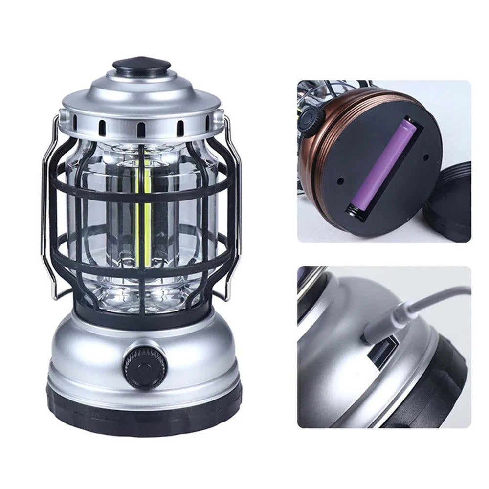 Bright and waterproof LED camping lantern with adjustable brightness and USB recharging capabilities