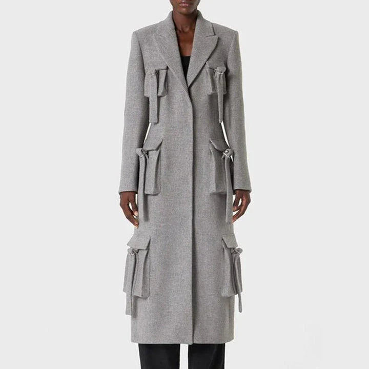 Stylish patchwork windbreaker trench coat with notched collar, button detailing, and flattering wide-waisted cut
