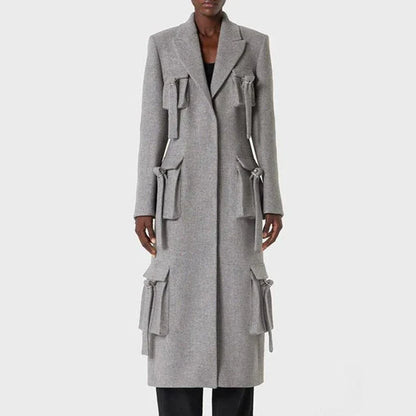 Stylish patchwork windbreaker trench coat with notched collar, button detailing, and flattering wide-waisted cut
