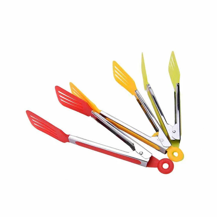 Colorful stainless steel BBQ tongs with silicone grips for secure handling of hot items on the grill