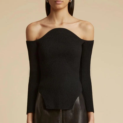 Cozy and chic knit sweater with trendy slash neck design, perfect for women's autumn and winter wardrobe.