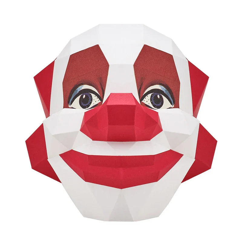 Handmade cardboard Smiling Scary Clown Cosplay Prop with unsettling features for Halloween decorations and costumes