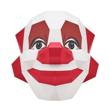Handmade cardboard Smiling Scary Clown Cosplay Prop with unsettling features for Halloween decorations and costumes