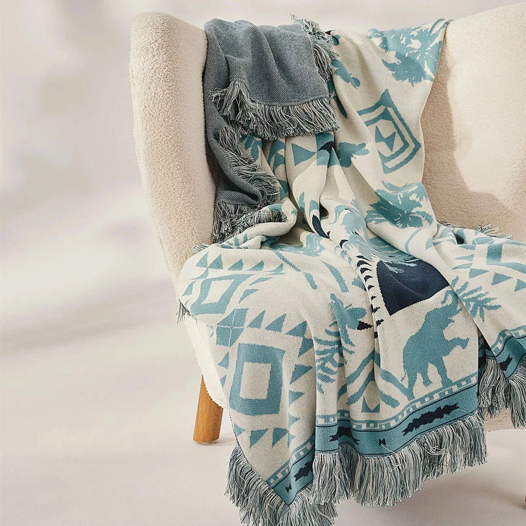 Cozy Bohemian Selva Cotton Knitted Blanket in Blue and Yellow Colors