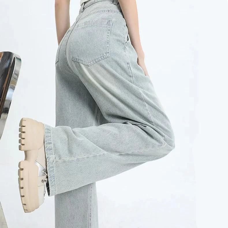 Vintage high-waist straight leg women's jeans in premium stripe fabric with decorative buttons and pockets