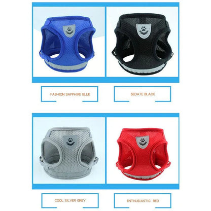 Adjustable reflective dog harness made of durable polyester material with reflective strips for enhanced visibility and safety during outdoor activities.