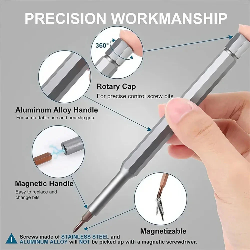 A 24-in-1 magnetic precision screwdriver set with an ergonomic handle and 24 hardened S2 tool steel bits for versatile DIY repairs