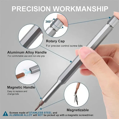 A 24-in-1 magnetic precision screwdriver set with an ergonomic handle and 24 hardened S2 tool steel bits for versatile DIY repairs