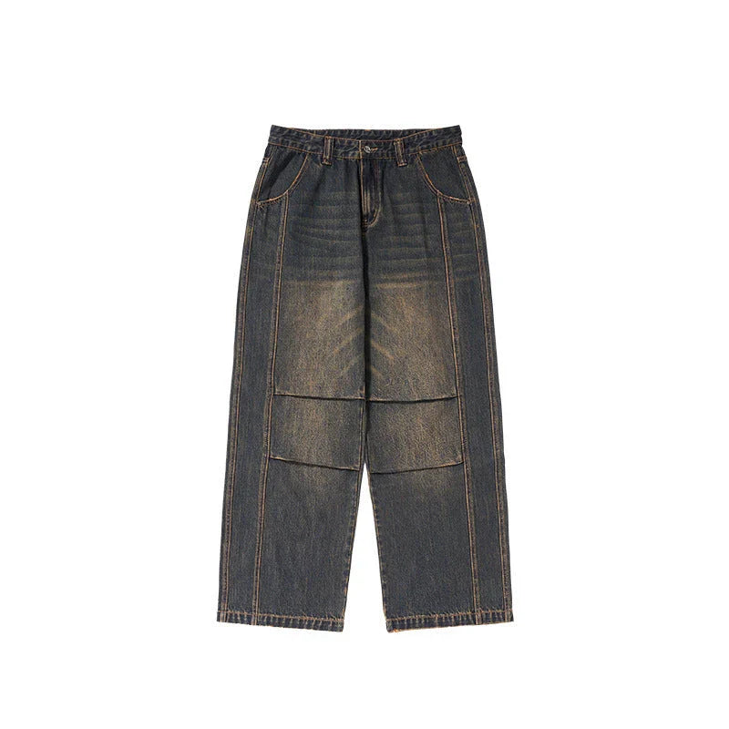 Men's relaxed fit retro straight-leg jeans in black, gray, and denim blue with vintage-inspired details