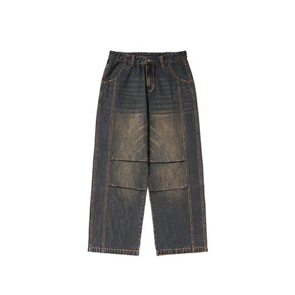 Men's relaxed fit retro straight-leg jeans in black, gray, and denim blue with vintage-inspired details