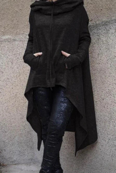 A cozy, loose-fit hooded sweatshirt in a stylish dark grey color, perfect for staying warm and comfortable during the fall and winter seasons.