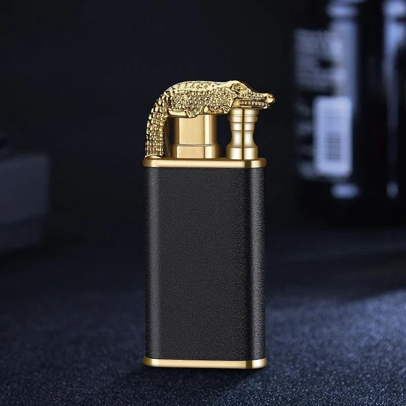 Multipurpose windproof lighter with a dragon or dolphin design, featuring a dual-flame and wind-resistant construction for versatile use.