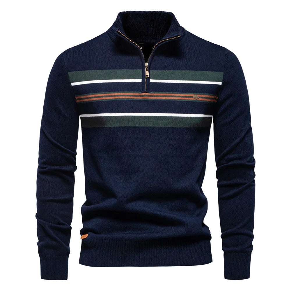 Cozy autumn and winter half-zip sweater in green, dark blue, khaki, and light gray colors