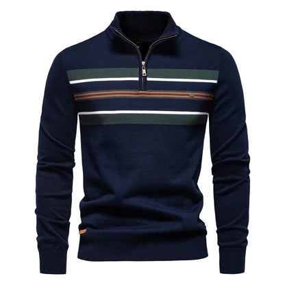 Cozy autumn and winter half-zip sweater in green, dark blue, khaki, and light gray colors