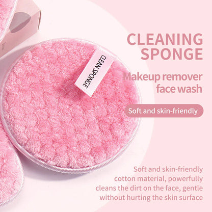 Premium 3-Piece Reusable Makeup Removal Sponge Set in pink color with various shaped microfiber suede pads and storage box