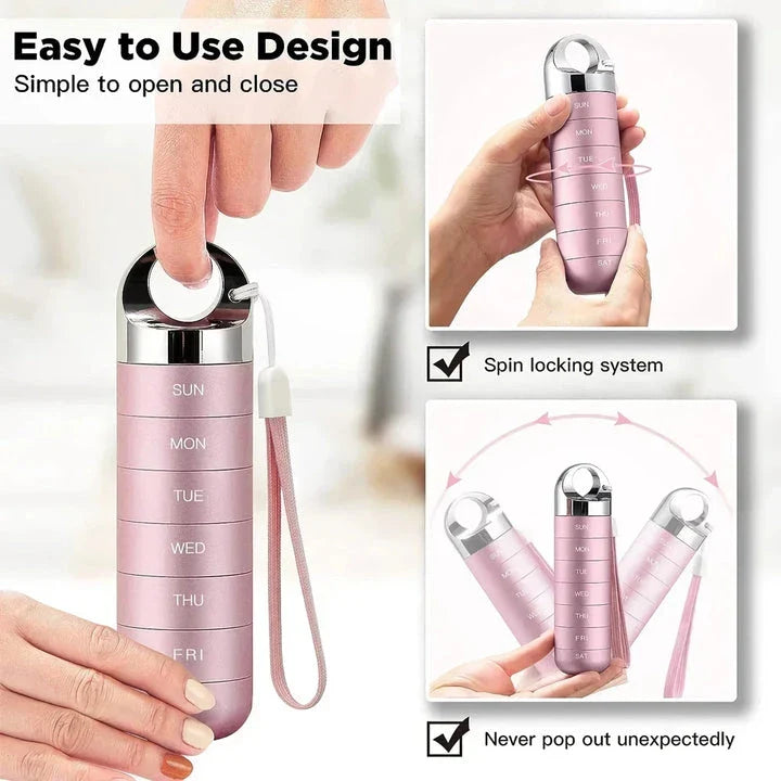 A high-quality, waterproof metal weekly pill box organizer with spacious compartments for managing medications on the go