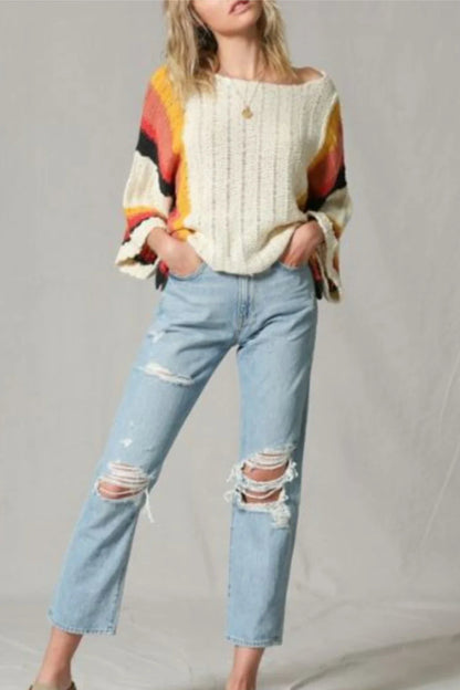 Premium Hollow Out Beach Shirt with Vibrant Knitted Rainbow - Comfortable, Stylish Beachwear for Warm Weather Outings