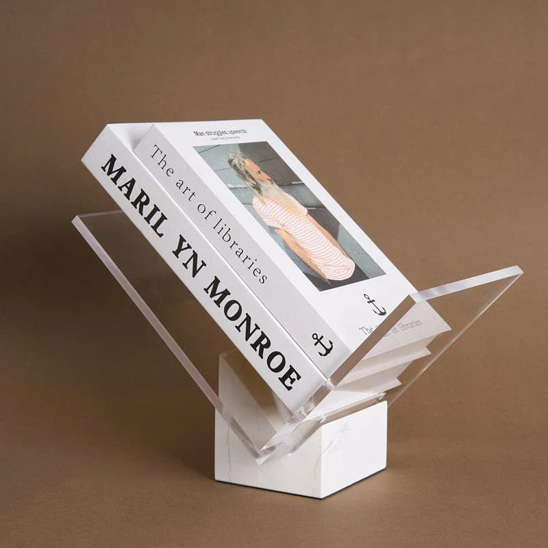 Elegant natural marble and acrylic book stand with Volakos White marble and transparent acrylic design for stylish display of books, magazines, and art