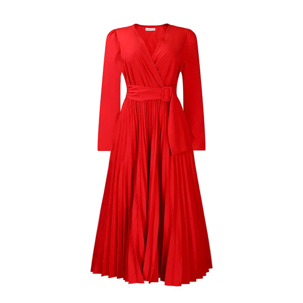 Luxurious long sleeve pleated Africa dress with lace-up neckline, available in multiple colors and sizes