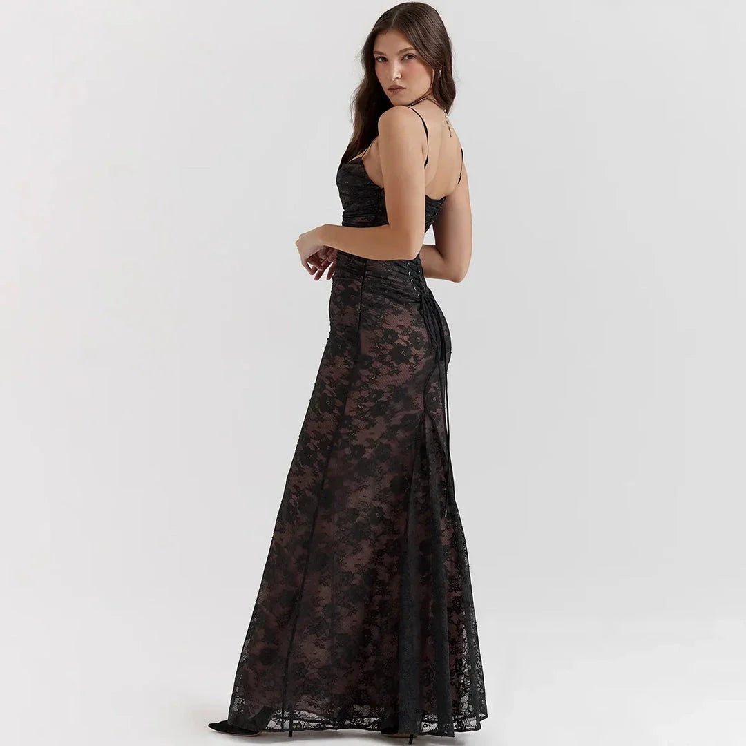 Elegant ivory lace 2-piece evening dress set with tie-up back and ankle-length silhouette