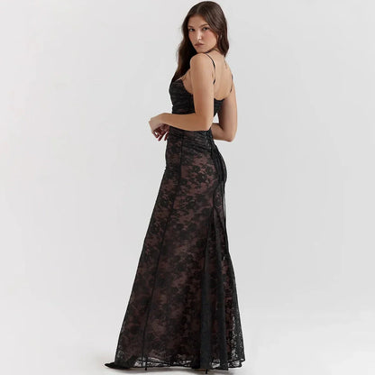 Elegant ivory lace 2-piece evening dress set with tie-up back and ankle-length silhouette