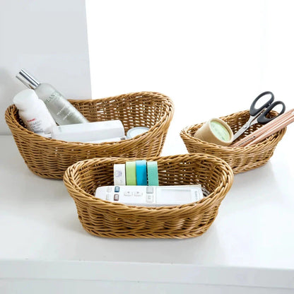 Bamboo handwoven storage basket organizer with natural, neutral tones and rustic design for organizing fruits, tea supplies, and more in the kitchen, living room, or bathroom.