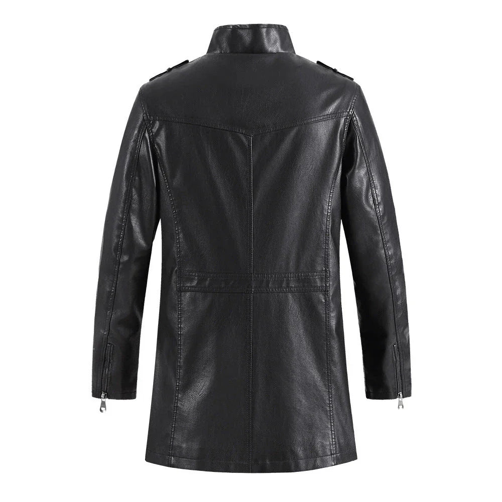 Fashionable standing collar plush leather jacket for men in black, brown, and light brown colors