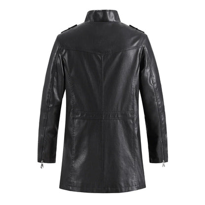 Fashionable standing collar plush leather jacket for men in black, brown, and light brown colors