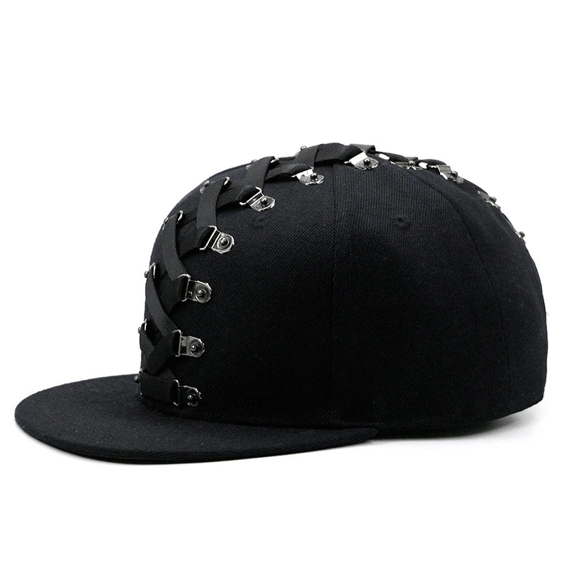 Punk Hip Hop Baseball Cap with Flat Brim, Adjustable Fit, and Handmade Rivet Detailing