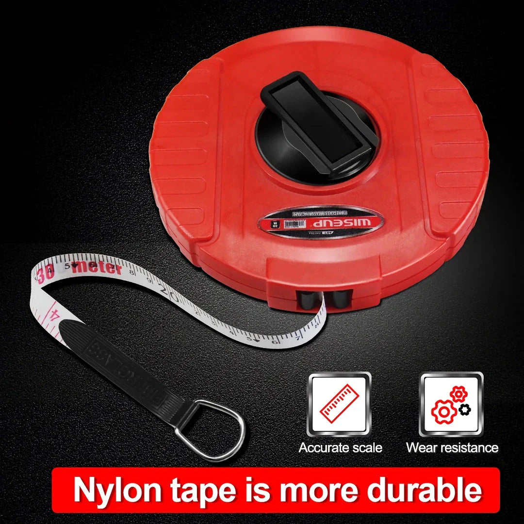 Heavy-duty fiberglass tape measure with double-sided printing and smooth manual crank for precise measurements in woodworking and construction projects