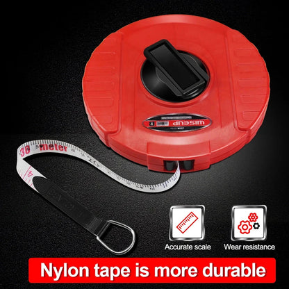Heavy-duty fiberglass tape measure with double-sided printing and smooth manual crank for precise measurements in woodworking and construction projects